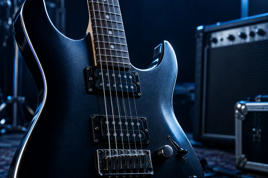 Unbranded electric guitar and amplifier under cool blue light